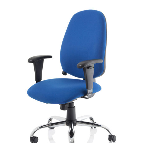 Lisbon Medium Back Task Operator Office Chair in blue with height-adjustable arms and chrome base for ergonomic support.