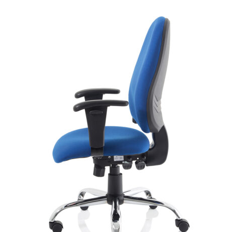 Lisbon Medium Back Task Chair in blue fabric with height-adjustable arms and chrome base, designed for ergonomic comfort.