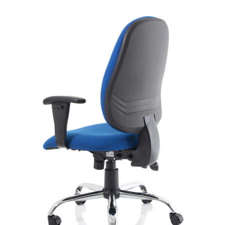 Lisbon Medium Back Task Operator Chair in blue fabric, featuring height-adjustable arms and chrome base.