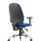 Lisbon Medium Back Task Operator Office Chair with blue fabric seat, black backrest, and height-adjustable arms on a chrome base.