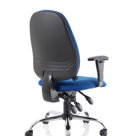 Lisbon Medium Back Task Operator Office Chair with blue fabric seat, black backrest, and height-adjustable arms on a chrome base.