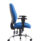 Lisbon Medium Back Task Operator Chair with blue upholstery, height-adjustable arms, and chrome base. Ideal for ergonomic office use.