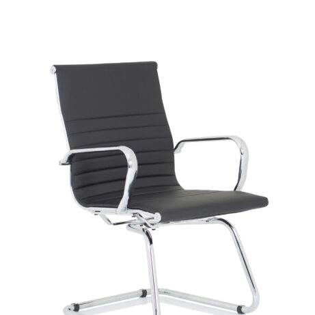 Nola Black Leather Cantilever Visitor Chair with Arms, featuring a sleek black leather seat and chrome frame.