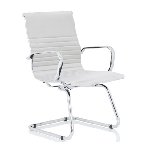 Nola White Leather Cantilever Visitor Chair with Arms, featuring a sleek design and chrome frame.