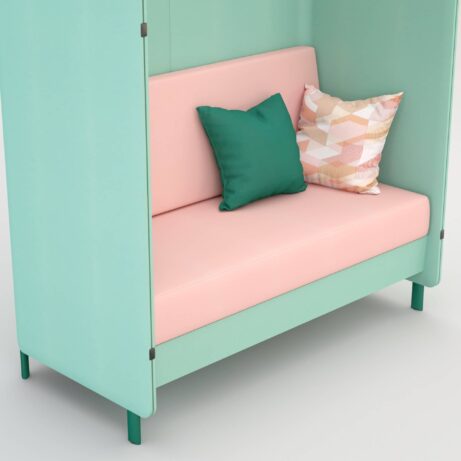Oasis Screen booth with mint green exterior and pink seating, featuring colorful pillows for comfort and style.