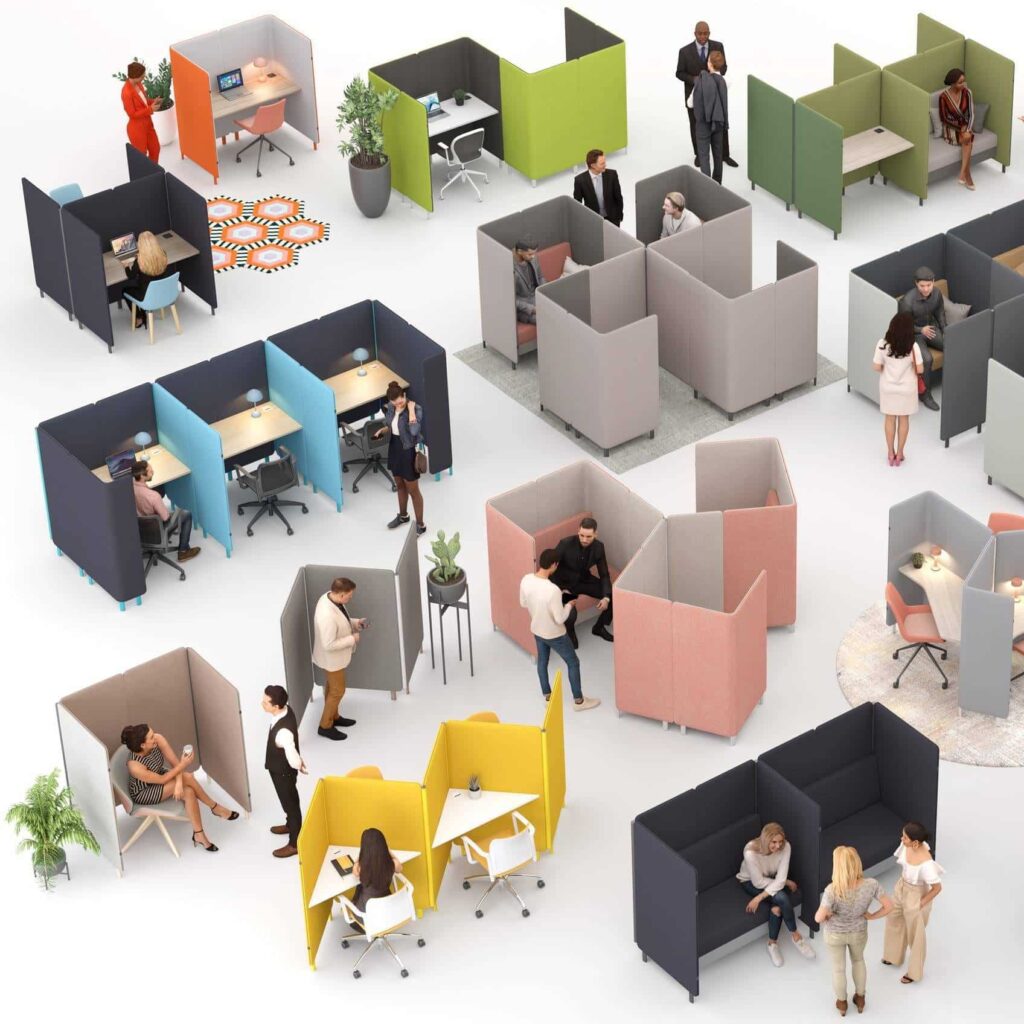 Modular Oasis Screens in various colors create private work zones for agile and hybrid setups in open-plan spaces.