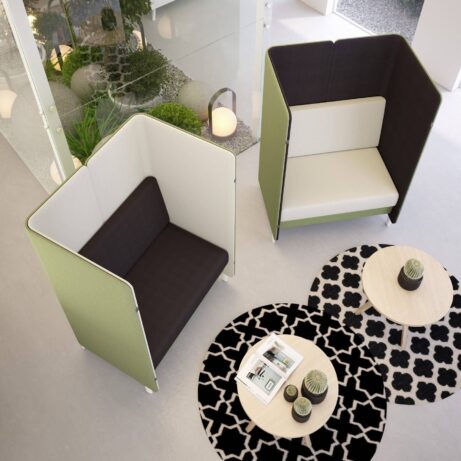 Oasis Floor Standing Screens in green and white, creating private work zones with acoustic panels in a modern office setting.