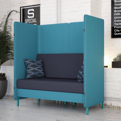Oasis Screen booth in aqua and navy, featuring acoustic panels and cushions for privacy in open-plan spaces.