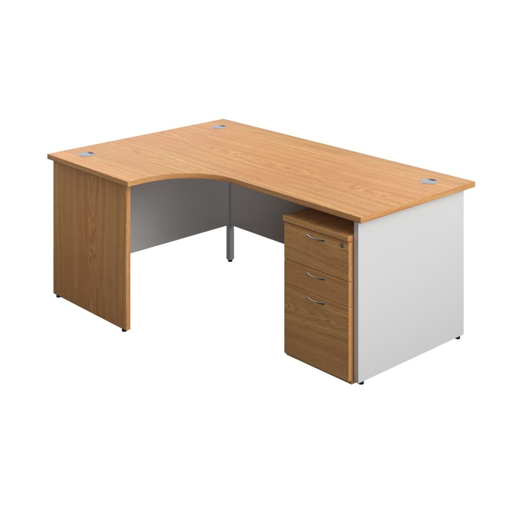 Panel Plus Left Radial Desk with oak finish and three-drawer pedestal; features integrated cable ports and adjustable feet.
