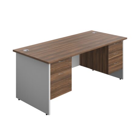 Panel Plus rectangular desk bundle with dark walnut top, white sides, and 2 & 3 drawer fixed pedestal. Size: 1800 x 800.