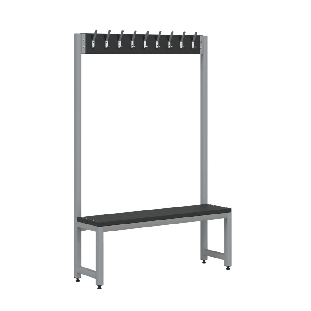 Durable single-sided cloakroom bench with nine hooks, powder-coated steel frame, adjustable feet, dimensions 1200x300x1200mm.
