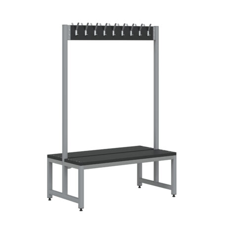 Double Sided Cloakroom Bench with 12 hooks, grey metal frame, black seat and backrest, versatile for unlimited color options.
