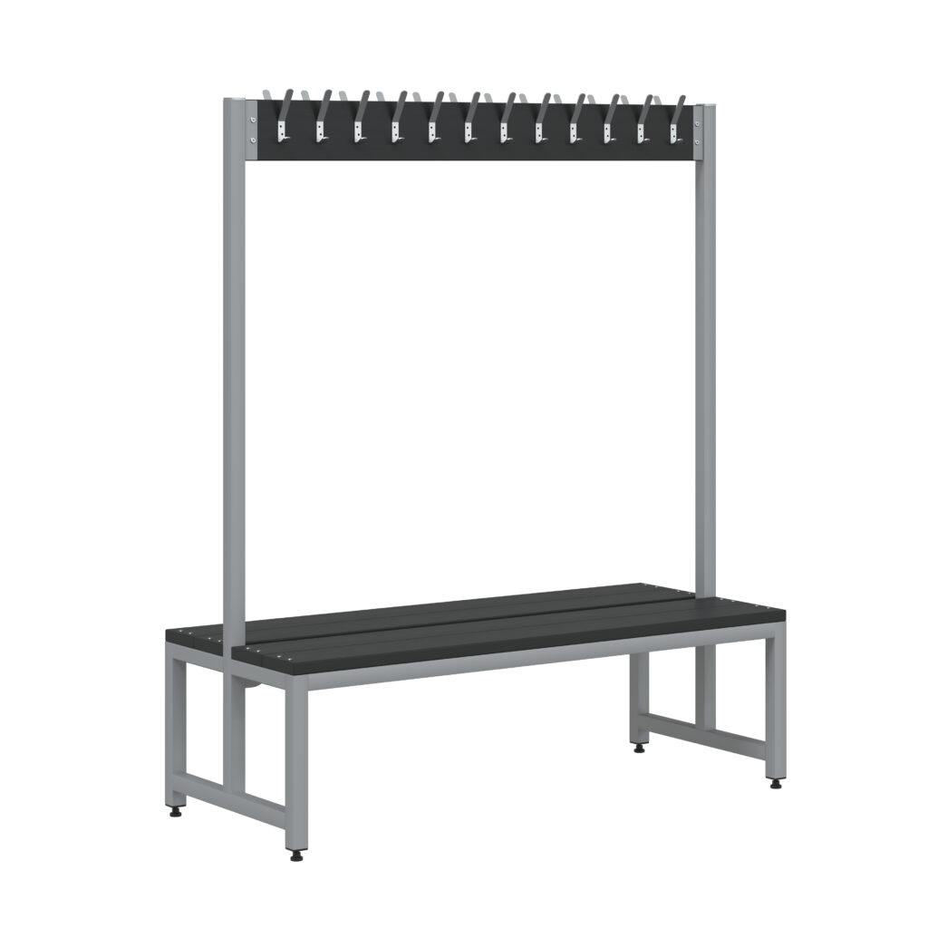 Double sided cloakroom bench with 24 hooks, featuring a grey frame and unlimited colour options for versatile use.