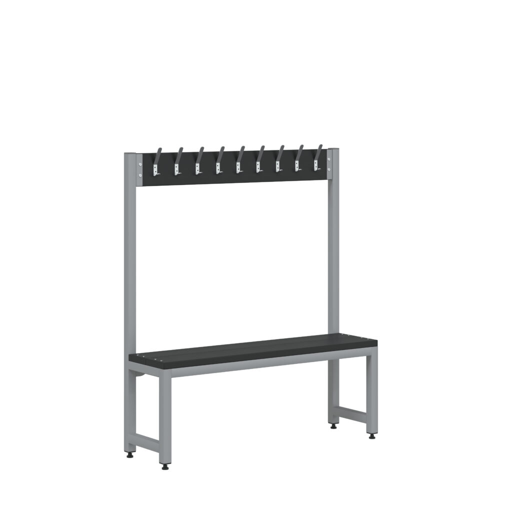 Single sided junior cloakroom bench, features 9 hooks, in grey finish, suitable for unlimited colour options.