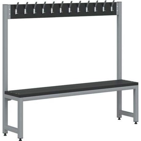 Single Sided Junior Cloakroom Bench with 12 hooks, grey frame, large seating area in versatile unlimited colour.
