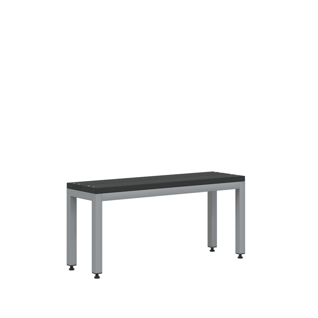Freestanding bench, 1200 x 300 x 470 mm, featuring a grey frame and unlimited colour top.