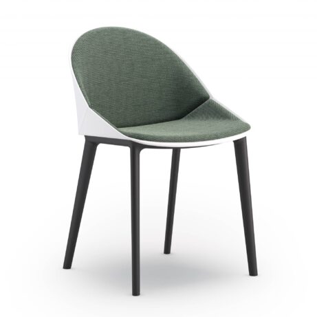 Papillon Café Chair by Claudio Bellini, featuring a green upholstered seat, white shell, and black legs, compact design.