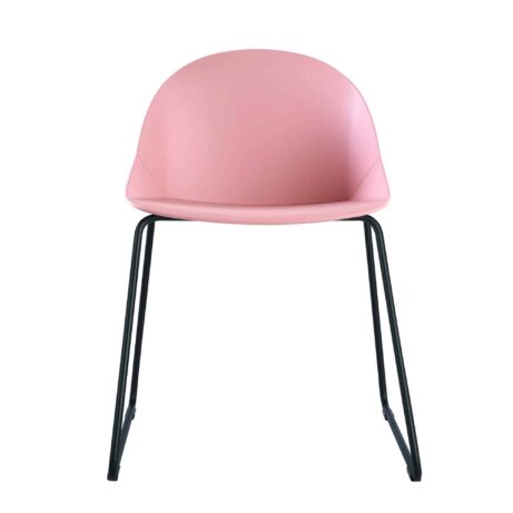 Papillon Chair in pink shell with a black metal base, designed for cafés and meeting spaces. Compact footprint of 475mm wide.
