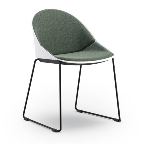 Papillon Meeting & Café Chair, green upholstered seat, white shell, black metal base, 475mm wide, designed by Claudio Bellini.