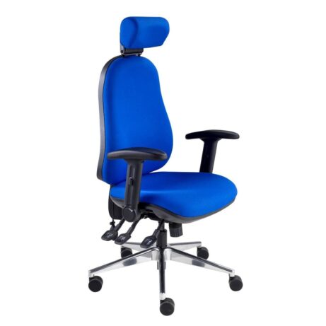 POLAR Ergonomic Executive Chair in blue fabric, featuring height-adjustable backrest and lumbar support, with chrome base.