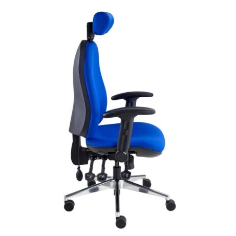 POLAR Ergonomic Executive Chair in blue fabric with adjustable backrest, lumbar support, and chrome base.