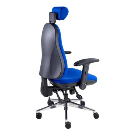 POLAR Ergonomic Executive Chair in blue, featuring adjustable backrest, lumbar support, and sleek chrome base.