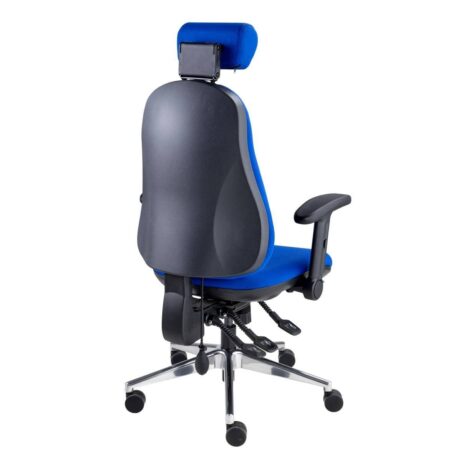 POLAR Ergonomic Executive Chair in blue with adjustable lumbar support, contoured backrest, and chrome base.