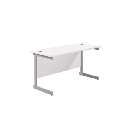 Single upright rectangular desk, 1200x600mm white top with silver frame, 600mm deep, FSC certified.