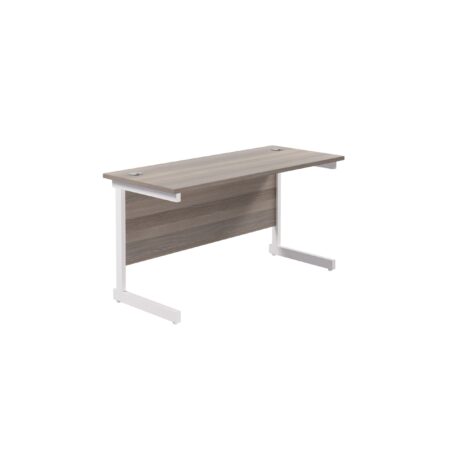 Single upright rectangular desk in grey oak with a white frame, dimensions 1400mm x 600mm, FSC certified.