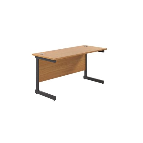 Single Upright Rectangular Desk, 1400x600mm, Nova Oak top, black frame, FSC certified, 600mm deep.