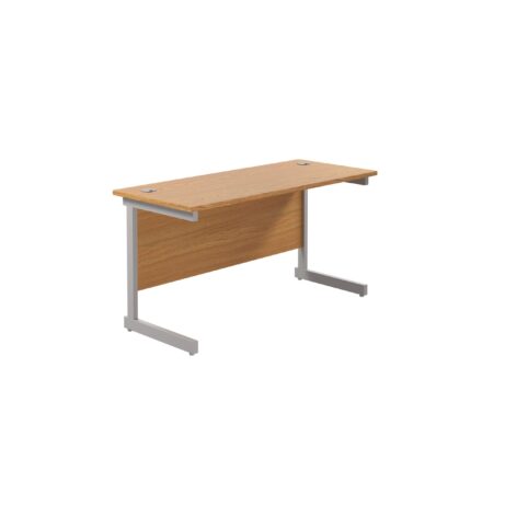 Single upright rectangular desk, 1400x600mm, Nova Oak top, silver frame, FSC certified, 600mm deep.