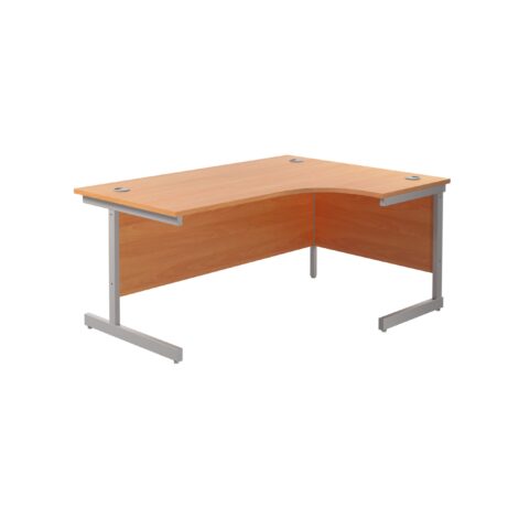 Single upright right hand radial desk with beech desktop, silver frame, dimensions 1600 x 1200 mm, FSC certified.