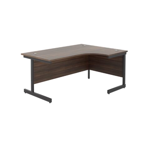 Single upright right hand radial desk, 1600x1200mm dark walnut top with black frame, FSC certified.