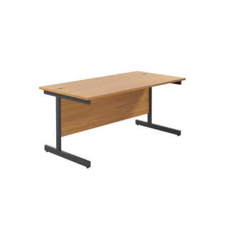 Single upright rectangular desk, 1600x800mm Nova Oak top with black frame, 800mm deep, FSC certified.