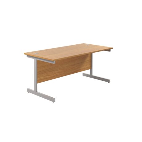Single upright rectangular desk, 1600x800mm, Nova Oak top, silver frame, 800mm deep, FSC certified.