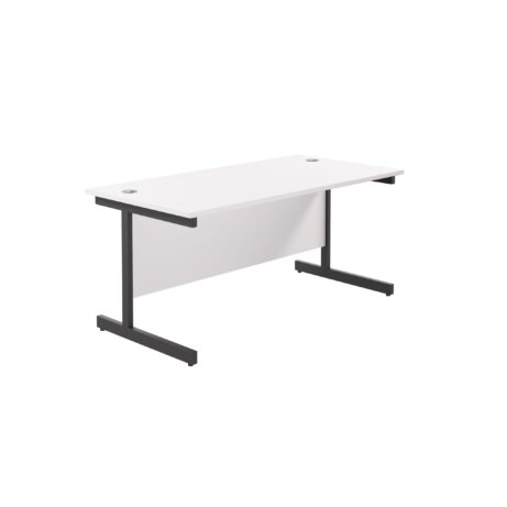 Single upright rectangular desk with a white top, black frame, and dimensions of 1600 x 800mm.