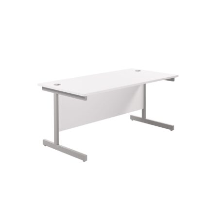 Single upright rectangular desk, 1600 x 800mm, white top, silver frame, FSC certified, 800mm deep.