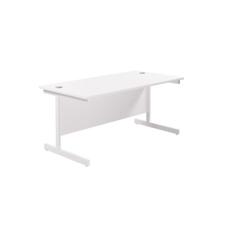 Single upright rectangular desk, 1600 x 800mm, with white desk top and white frame, featuring cable management ports.