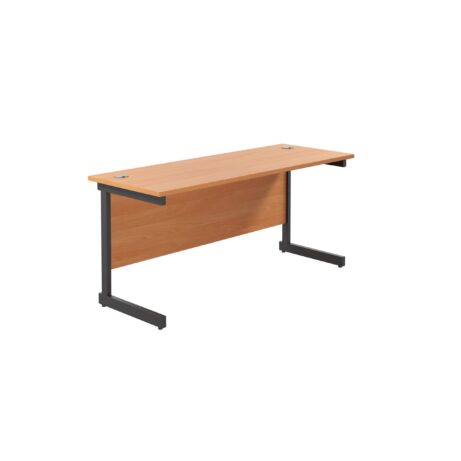 Single upright rectangular desk with beech top, 1800 x 600 mm dimensions, and black frame. FSC certified.
