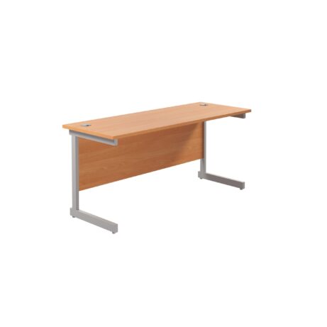 Single upright rectangular desk with beech top, silver frame, dimensions 1800mm x 600mm, FSC certified.