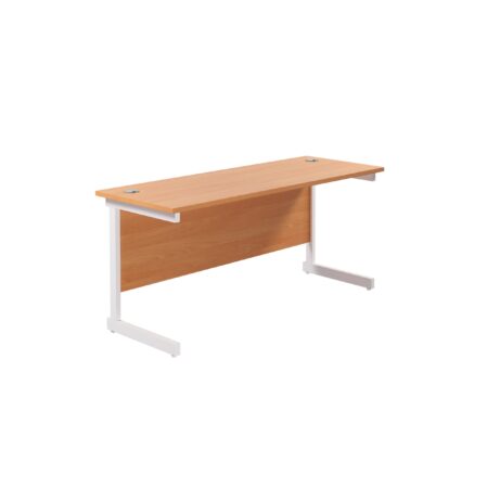 Single upright rectangular desk, 1800x600mm beech top with white frame. FSC certified, 600mm deep.