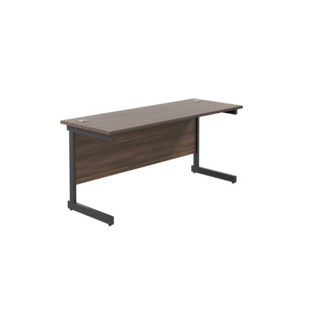 Single upright rectangular desk, 1800x600mm, dark walnut top, black frame, FSC certified.