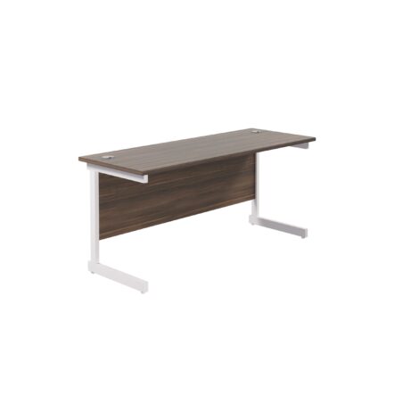 Single upright rectangular desk, 1800x600mm, dark walnut top with a white frame. FSC certified.
