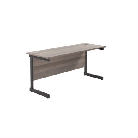Single upright rectangular desk, 1800 x 600mm, grey oak top with black frame, FSC certified, 600mm deep.