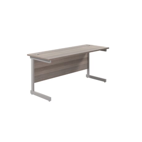 Single upright rectangular desk, 1800 x 600mm, grey oak top with silver frame, FSC certified, 600mm deep.