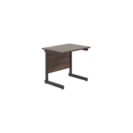 Single upright rectangular desk, 800x600mm dark walnut top with black frame, 600mm deep, FSC certified.