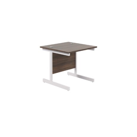 Single upright rectangular desk, 800mm deep, dark walnut top with white frame, dimensions 800 x 800mm. FSC certified.