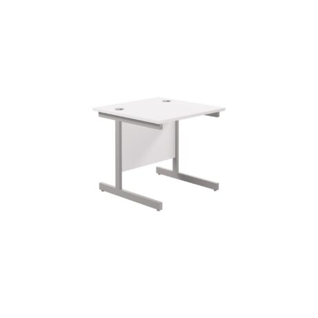 Single upright rectangular desk, 800mm deep, white desk top, silver frame, dimensions 800 x 800.