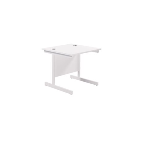 Single upright rectangular desk with white top and frame, dimensions 800mm x 800mm, designed with FSC materials.