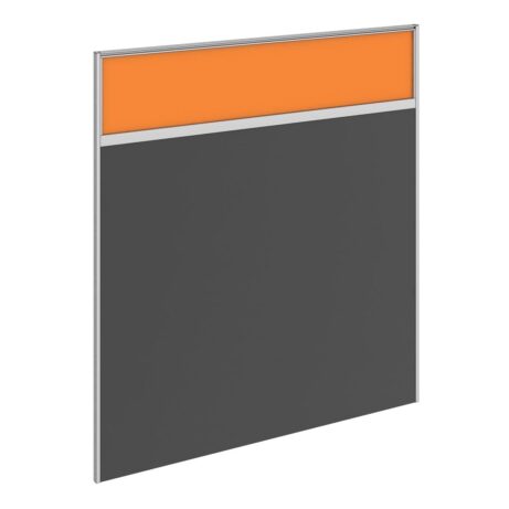 Freestanding floor screen with a gray base and an orange acrylic top, ideal for office privacy and noise control.